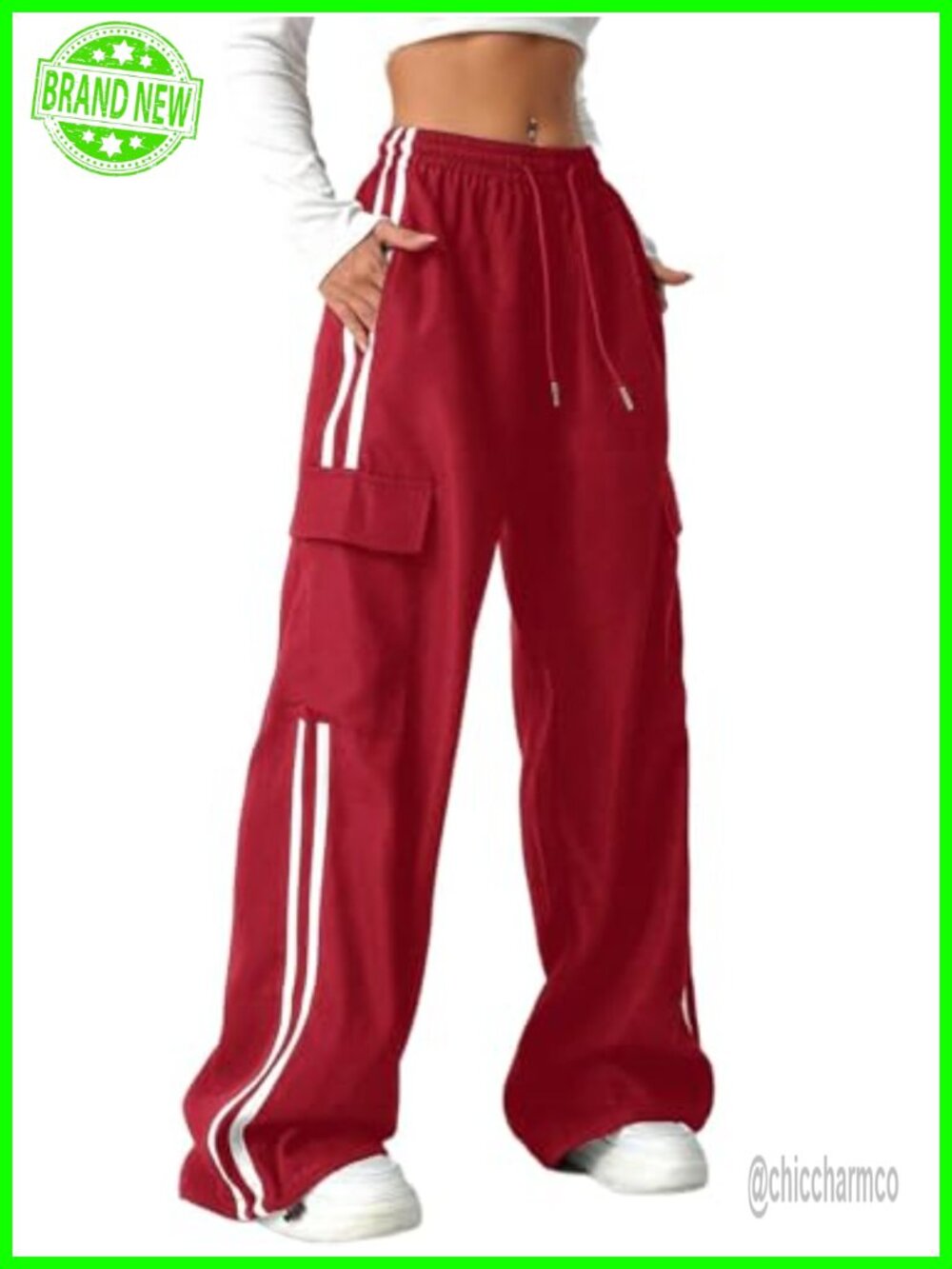 QJQ Women's Cargo Pants Baggy Wide Leg Drawstring Waist Striped Track Pants